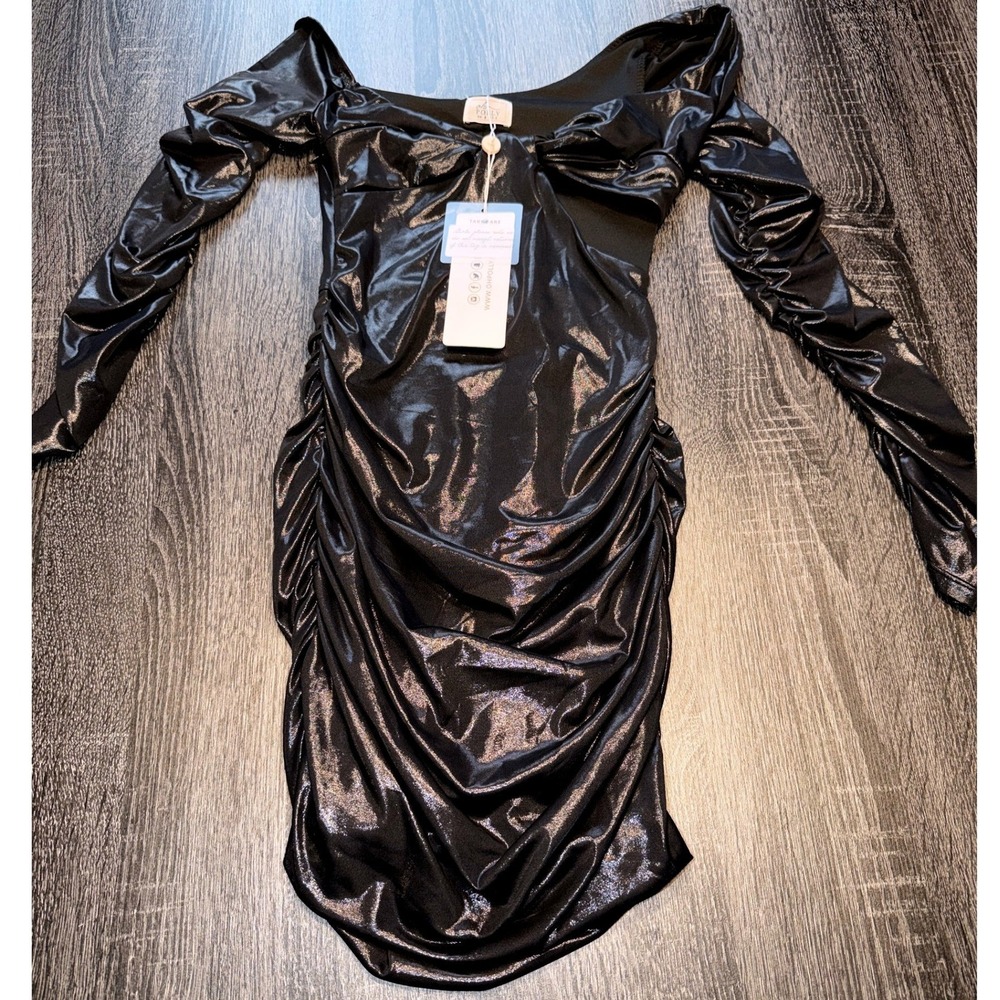 Oh Polly Black Metallic Off Shoulder Ruched Bodycon Mini‎ Dress Size 2 NEW